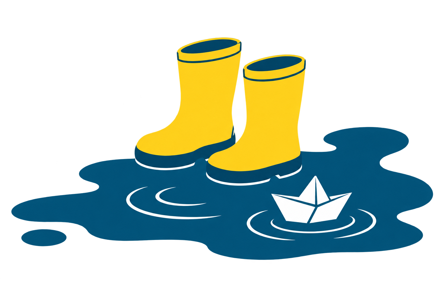 Yellow wellies, puddle and paper boat